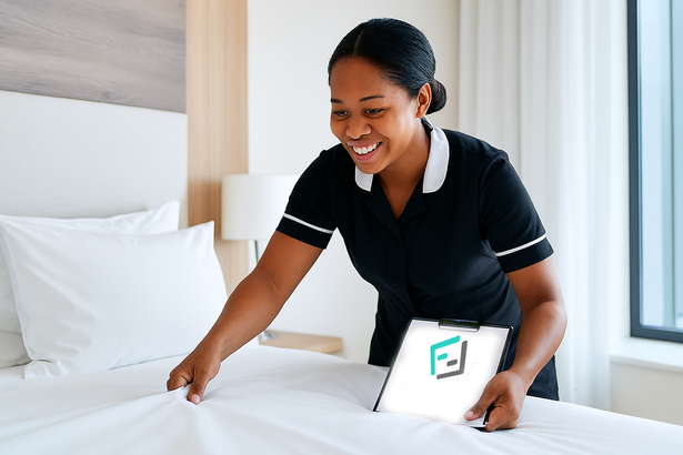 Équipe de housekeeping vérifiant une check-list de nettoyage